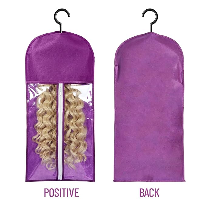 12PCS Wig Bags With Hanger - Hair Extension Holder for Multiple Wigs - Organizer (6PCS Black &amp 6PCS Purple)
