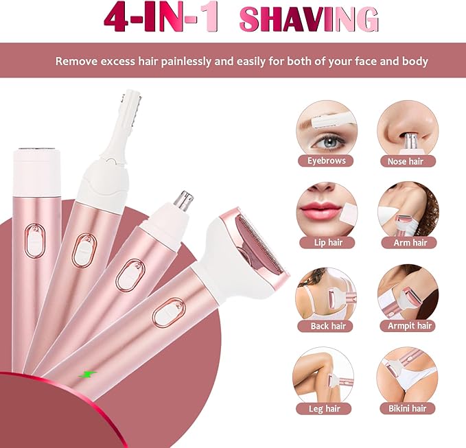 Electric Lady Shaver 4-in-1 Shaving Kit for Women Bikini Trimmer Facial Hair Remover Eyebrow Trimmer Nose Hair Trimmer Rechargeable Wet &amp Dry Use Easy Cleansing (Rosegold)