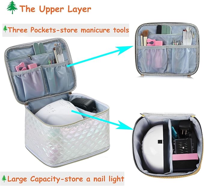 Nail Polish Organizer and Nail Lamp Case Nail Kit Organizer Holds 30 Bottles (15ml - 0.5 fl.oz) and a Nail Lamp Nail Polish Carrying Case with Manicure Tools Storage Sections (White)