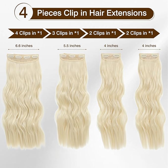 Hair Extensions Long Wavy Clip In Hair Extensions Bleach Blonde Synthetic Hair Extensions Clip Ins 4PCS Thick and Blend Well Fiber Hairpieces for Women 20 Inch