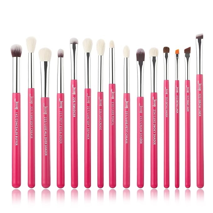 Jessup Professional Natural-Synthetic Eye Makeup Brushes Set 15pcs for Eyeshadow Blending Concealer Eyeliner Eyebrow Rose Carmine/Silver T197