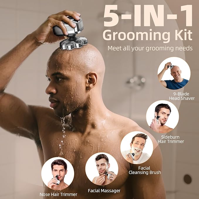 9D Head Shavers for Bald Men 5 in 1 Detachable Head Shaver with LED Display IPX7 Waterproof Wet Dry Rechargeable Electric Shavers for Men Grooming Kit for Home &amp Travel