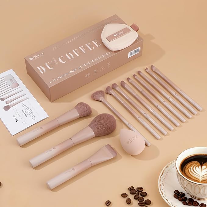 DUcare 14pcs Christmas Makeup Set12Pcs Coffee Series Makeup Brush set with 2pcs Makeup Sponges Foundation Blending Face Powder Blush Eye Shadows Brushes