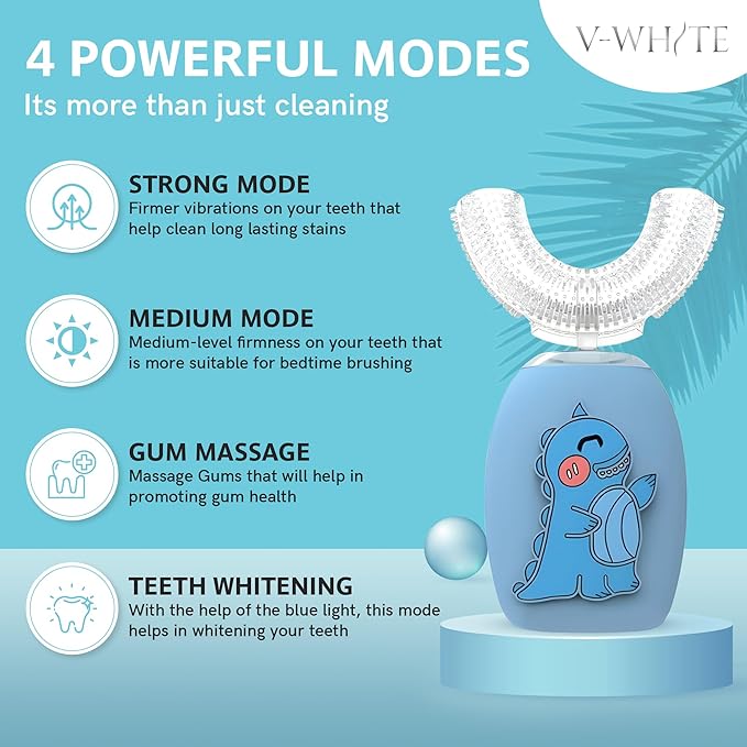 V-WHITE Electric Toothbrush Kids- Ultrasonic U-Shaped Toothbrushes for Teeth Whitening - 360° Mouth Cleansing Hands Free Gums Protection - Wireless Charging &amp LED Light - Waterproof IPX7 Certifie