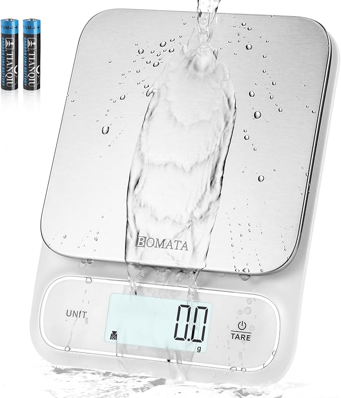 BOMATA Waterproof IPX6 Kitchen Scale 0.1 g/0.01 oz High Precision 5 kg/11 lbs Digital Scale with Backlight Stainless Steel Weighing Platform for Food Cooking Baking Weight Loss.. B619 White