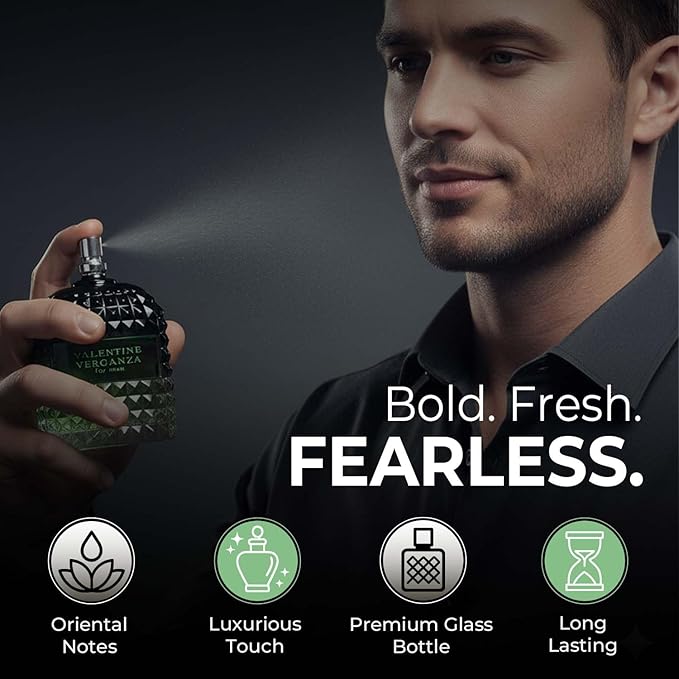 Valentine Verganza Men's Cologne Premium Glass Bottle with Oriental Notes Eau de Parfum and 3.4 Fl Oz / 100ML + 30ML Travel Spray Fragrance Gift Set