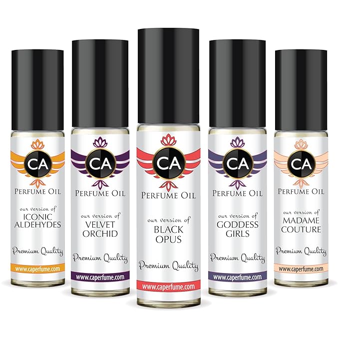 CA Perfume All Time Classic Women Set of (Iconic Aldehydes + Velvet Orchid + Black Opus+ Goddess Girls + Madame Couture) Fragrance Body Oils Essential Travel Size Roll-On (0.3 Fl Oz/10 ml) x5