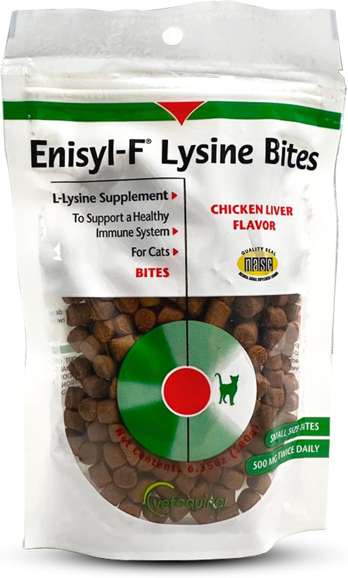 Vetoquinol Enisyl-F Lysine Bites: L-Lysine Chews for Cats &amp Kittens - Chicken Liver-Flavor 6.4oz (180g) Recloseable Bag