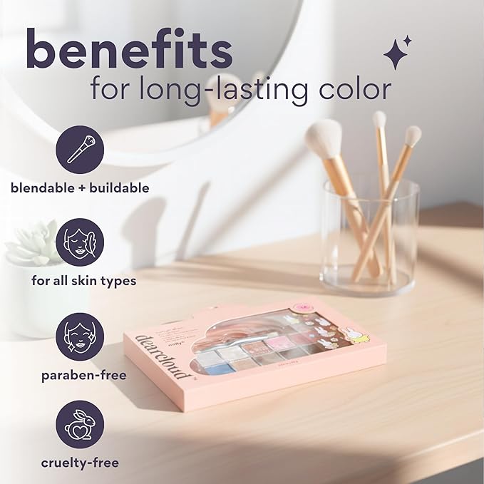 dearcloud Miffy Sky/Shadow - Eye Shadow Palette Makeup with 10 Ultra-Fine Pigments &amp Dual-Ended Eyeshadow Brush ? Korean Beauty Eye Makeup (Artist Bun)