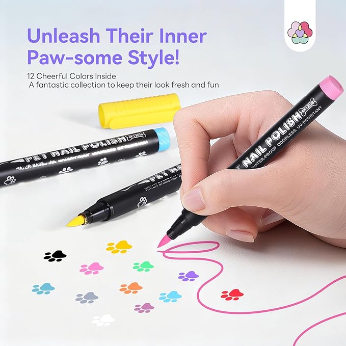 SAVILAND Essentials Dog Nail Polish Pens Quick Dry: 12 Colors Safe Pet Nail Art Polish Pens Set Brush Tip for DIY Dogs Cats Puppy Nails Non Toxic Odorless Easy to Apply Home &amp Salon Use