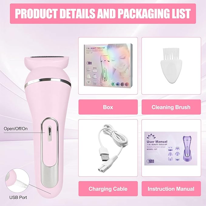 3.0 Women Face Epilator 7-in-1 Rechargeable Facial Hair Remover with LED Battery Display Facial Shaver for Face Eyebrow Nose Trimmer (Pink)