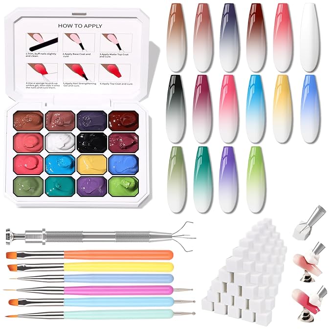 Sponge Pat Paint Nail Gel Ombre Nails Gradient Gel Nail Blush Blooming Aura Nails Drawing Stripper Floral Painting DIY Nail Art No Wipe UV/LED Curing (16 Colors i)