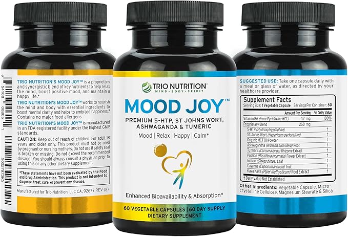 Trio Mood Joy | Premium 5-HTP St Johns Wort Ashwagandha &amp Turmeric | Ashwagandha Capsules to Promote Natural Calm &amp Relaxed Mood | Mood Support Supplement | 60 Day Supply*
