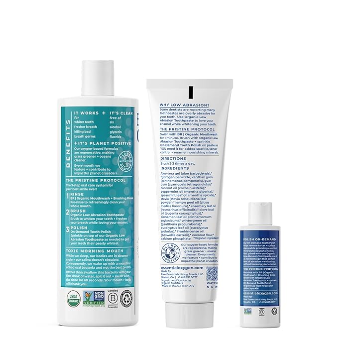 Essential Oxygen Pristine Protocol A 3-Step System (1. Rinse 2. Brush 3. Polish) for Your Best Smile Ever 3 Count Combo Pack