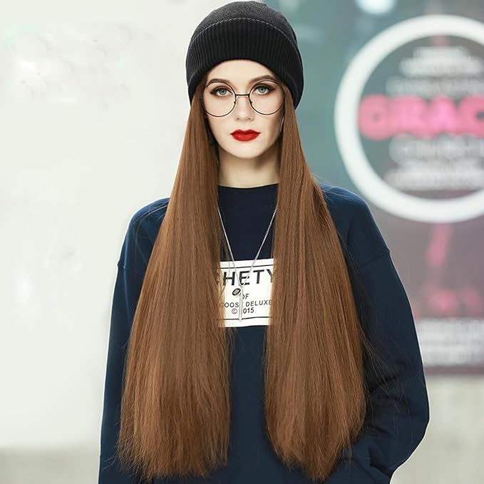 Women Winter Beanie Hat Wig Knit with Long Straight/Wig Wavy Curly Hair Wig Attached 23.6 Inch Synthetic Hairpiece