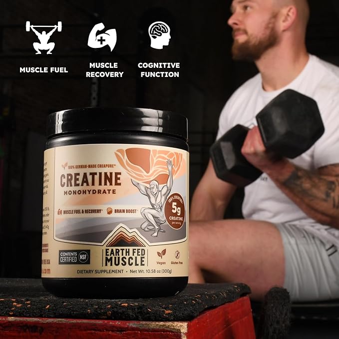 Earth Fed Muscle Transcend Creatine Monohydrate Powder ? 100% German Creapure Creatine for Women | Muscle Recovery &amp Building Energy Production | Unflavored 5g Serving 60 Servings per Container