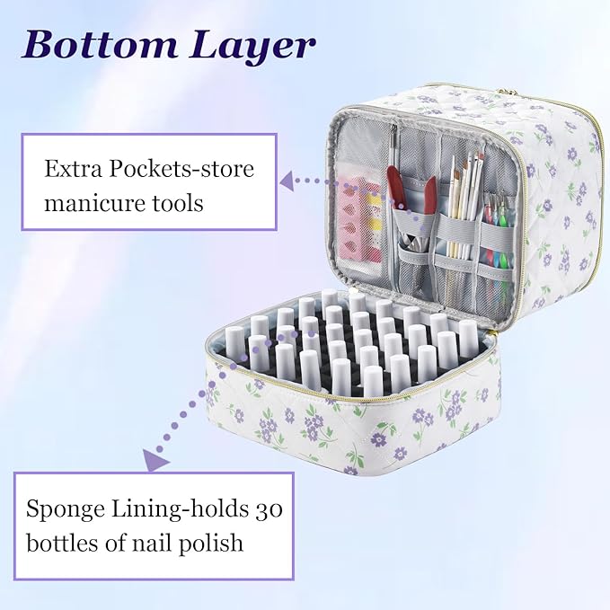 CTWWFS Nail Polish Organizer and Nail Lamp Case Nail Kit Organizer Holds 30 Bottles (15ml - 0.5 fl.oz) and a Nail Lamp Nail Polish Carrying Case with Manicure Tools Storage Sections (Purple Flower)