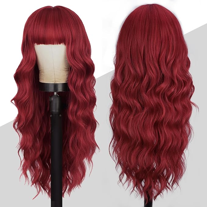 Lativ Red Wig With Bangs Long Red Wigs for Women 26 Inches Curly Wavy Hair Natural Looking Heat Resistant Fiber Wig for Girls Halloween Party Use