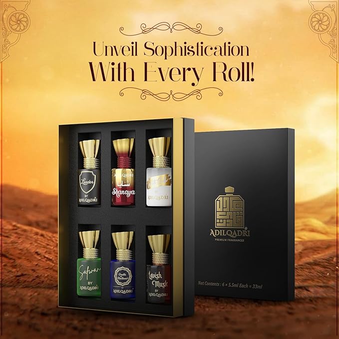 Adil_qadri Assorted Luxury Non Alcoholic Roll-On Attar Collection for Men &amp Women Long-Lasting Fragrance Set Gift Hamper for Him &amp Her Ideal for Special Occasions 6 Bottles of 5.5ml Each
