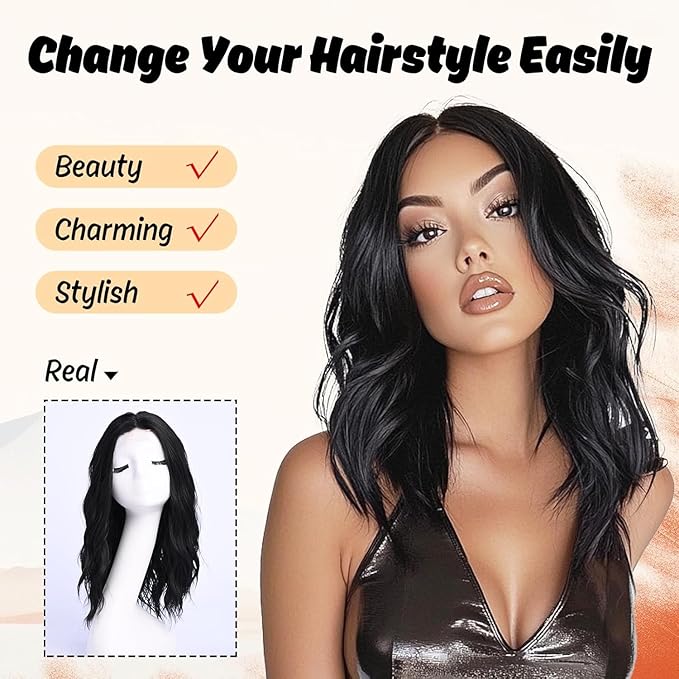Medium Length Black Wavy Wigs for Women 18 Inch Middle Part Wavy 1B Wig Natural Looking Synthetic Heat Resistant Fiber Wig for Daily Party Halloween (18 inch)