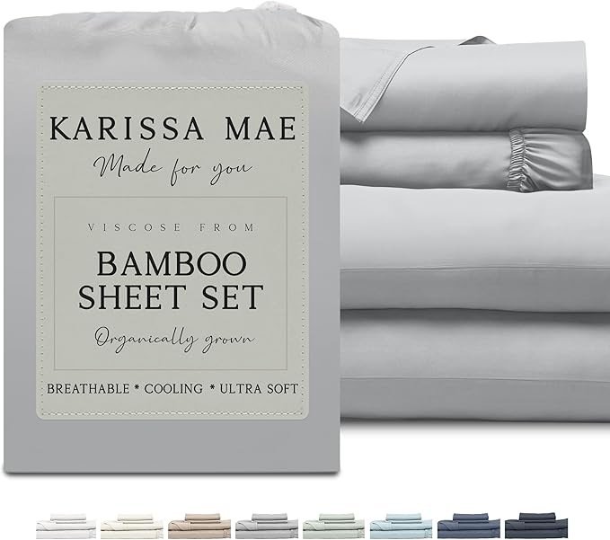 KARISSA MAE Cooling Bamboo Viscose Queen Sheet Set | 100% Organically Grown | 18??Deep Pocket | Silky Soft &amp Hypoallergenic | with Organizer Band &amp Elastic Corner Straps [Grey Mist]