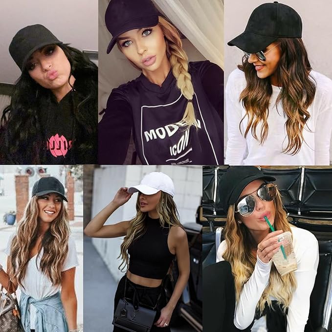 Baseball Cap Wig Hat With Hair Extensions Cap with Heat Resistant Synthetic Fiber Hairpieces attached for Women Girls Adjustable Long Wavy Wig for Daily Outdoor Use (B M1B brown)