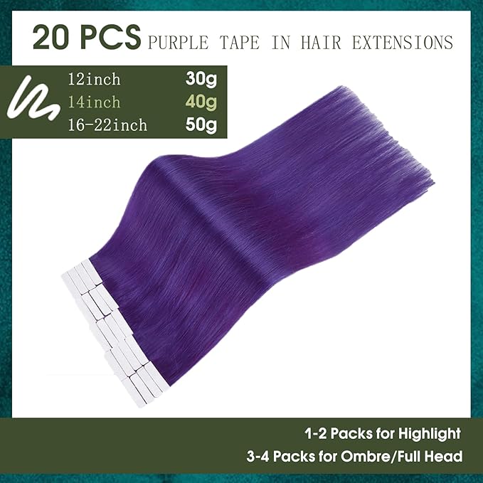 RUNATURE Tape in Hair Extensions Human Hair Straight Color Purple Hair Extensions Tape in Extensions for Long Hair Remy Natural Hair for Highlights Soft Silky Tape Ins 20 Inch 50g 20pcs