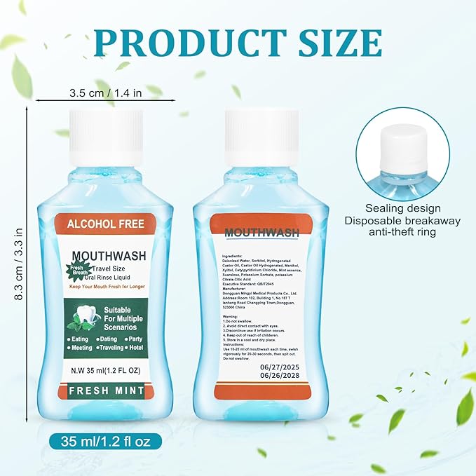 100 Pack Mini Mouthwash Travel Size BulkPortable Mint Mini Mouthwash Bulk 35ml/1.2 Fl Oz Individual Small Mouth Wash for TravelHotelOfficeToiletry Kits