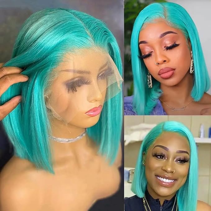 Ubetta Lake Blue Bob Wig Human Hair Lace Front Wigs 13x4 Glueless Lace Front Bob Wigs Human Hair Pre Plucked 8 Inch Colored Teal Blue Bob Wig for Black Women 180% Density