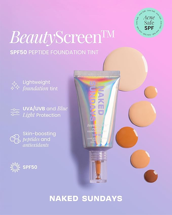 Naked Sundays BeautyScreen??SPF 50 Mineral Peptide Foundation Tint ? Skin Tint &amp Mineral Sunscreen | Radiant Buildable Coverage Acne-Safe Infused with Peptides (1 Fair Neutral 1.01 oz)