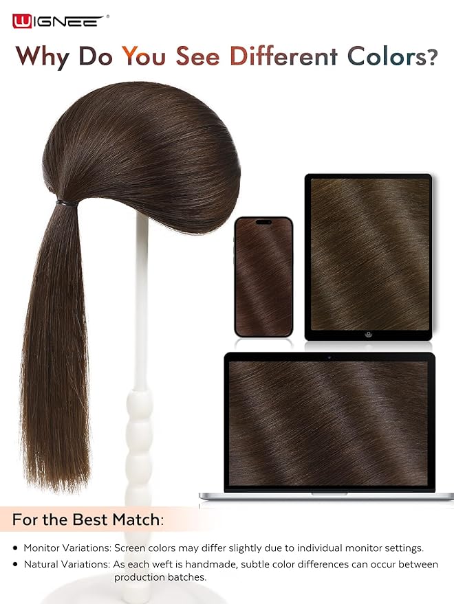 WIGNEE OVO Brown Hair Extensions ? 20 Inch 100% Remy Human Hair Dual Hand-Tied Double Invisible Weft Micro Beaded Sew-In Glueless Seamless Soft Silky Hair Extensions