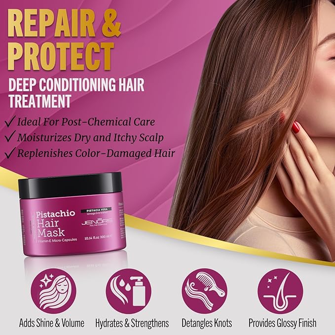 Jenoris Pistachio Hair Mask for Dry Damaged Hair ? Deep Conditioning Hair Mask Treatment with Pistachio Oil &amp Vitamin E For Color-Treated Hair For Hair Repair Paraben &amp Salt Free 10.14 Fl