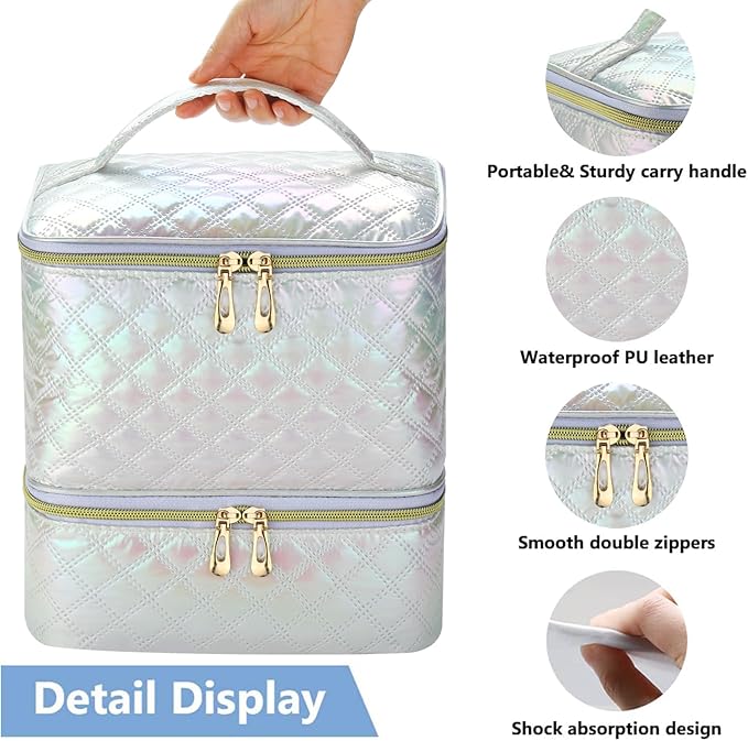 Nail Polish Organizer and Nail Lamp Case Nail Kit Organizer Holds 30 Bottles (15ml - 0.5 fl.oz) and a Nail Lamp Nail Polish Carrying Case with Manicure Tools Storage Sections (White)