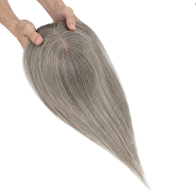 Elailite Hair Toppers for Women Real Human Hair Topper with Bangs Thinning Thin 5.1x2.8 Silk Base Clip in Remy Hairpieces 6 Inch White Blonde mix Grey