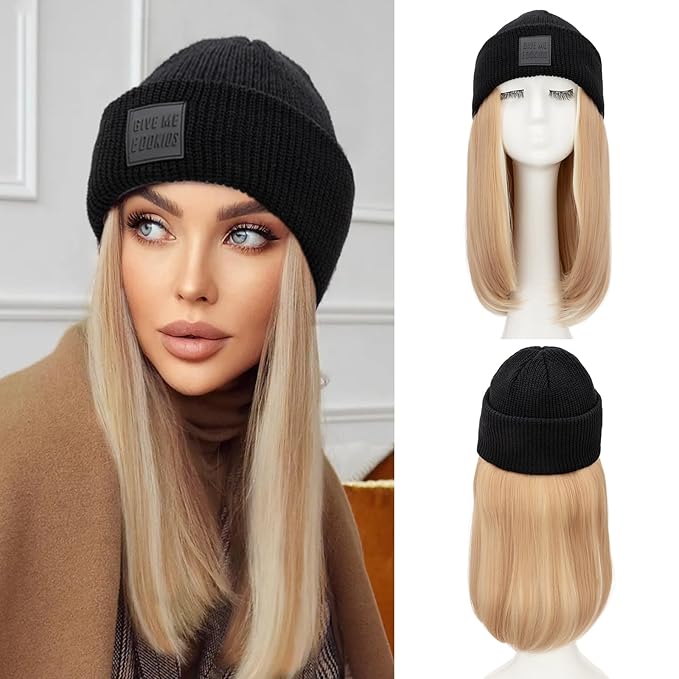 S-noilite Beanie Wig Hair Extensions11 Inch Short Straight Hair Extensions with Knitted Hat Hairpieces for Women Winter Ash Blonde with Bleach Blonde