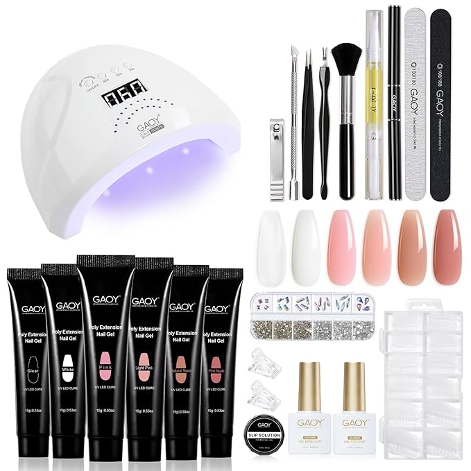 GAOY Poly Gel Nail Kit with UV Lamp 6 Pcs Builder Gel Extension Kit with Everything Decorations Top and Base Coat for Nail Art DIY at Home
