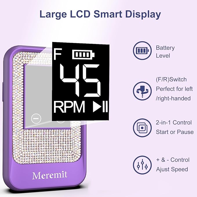 Professional Nail Drill Cordless 45000 RPM Meremit Electric Nail File with Diamond Decoration 12Pcs Drill Bits Large LCD Screen Rechargeable Electric Nail Machine Drill for Acrylic Gel Nail Polish