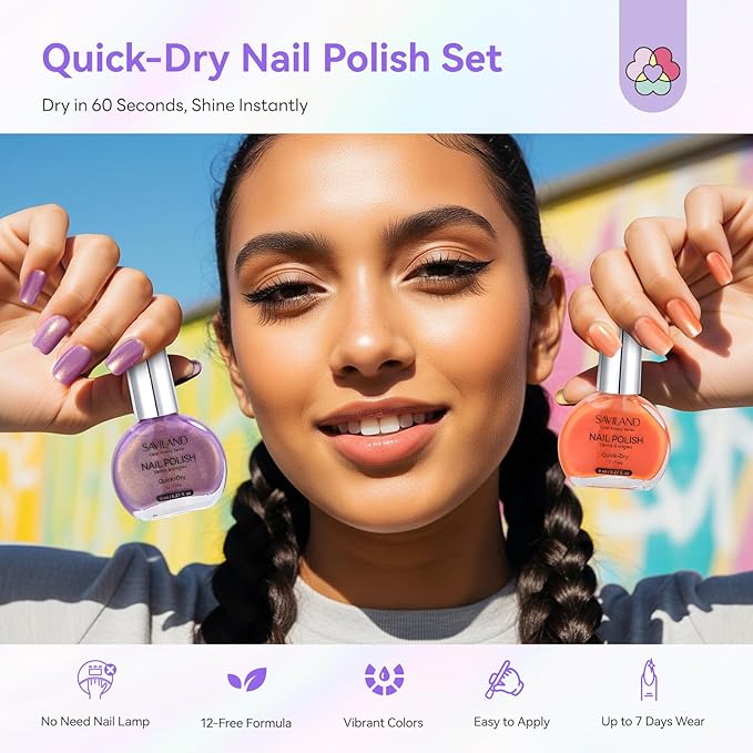 SAVILAND Nail Polish Set: Quick Dry Nail Polish 12-Free Colors Glitter Nails Polish Mermaid Pearl Winter Christmas Top Coat Polish for Women Girls Clean Nails Nail Art DIY Home Gift