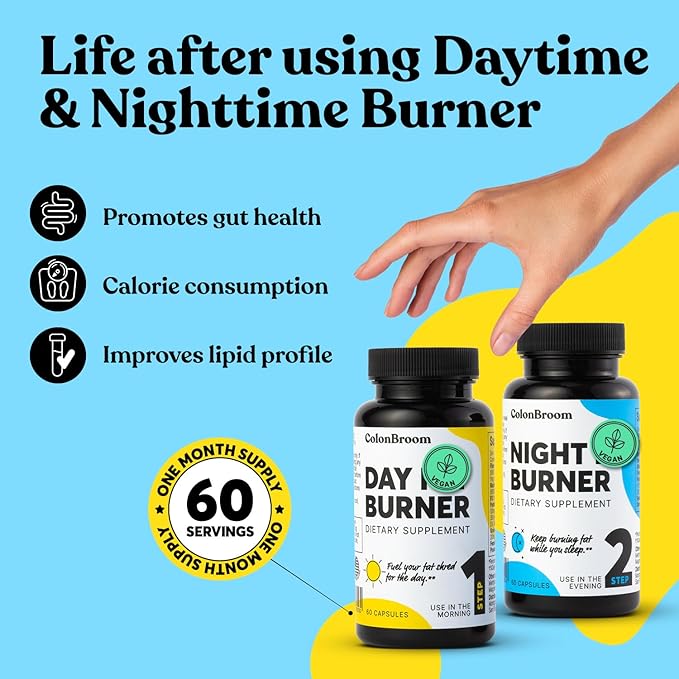 ColonBroom Day &amp Night Burner Supplements Pills for Women/Men with Inulin L-carnitine Coenzyme Q 10 Grain of Paradise and More Colon Broom 60 Vegan Capsules Per Container