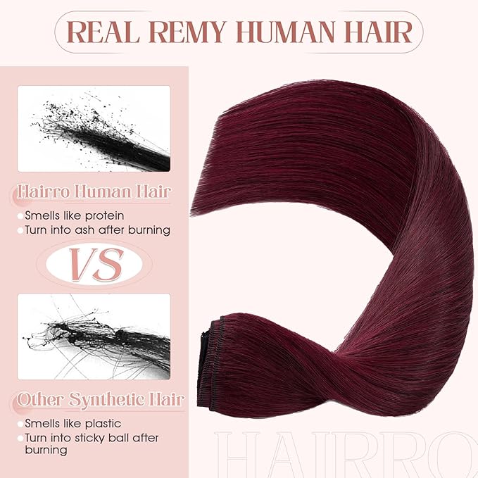 Hairro Clip in Hair Extensions Real Human Hair 14 Inch Clip in Thin Remy Hairpieces Burgundy Short Straight Standard Weft One Piece 5 Clips 45g for Women#99J Wine Red