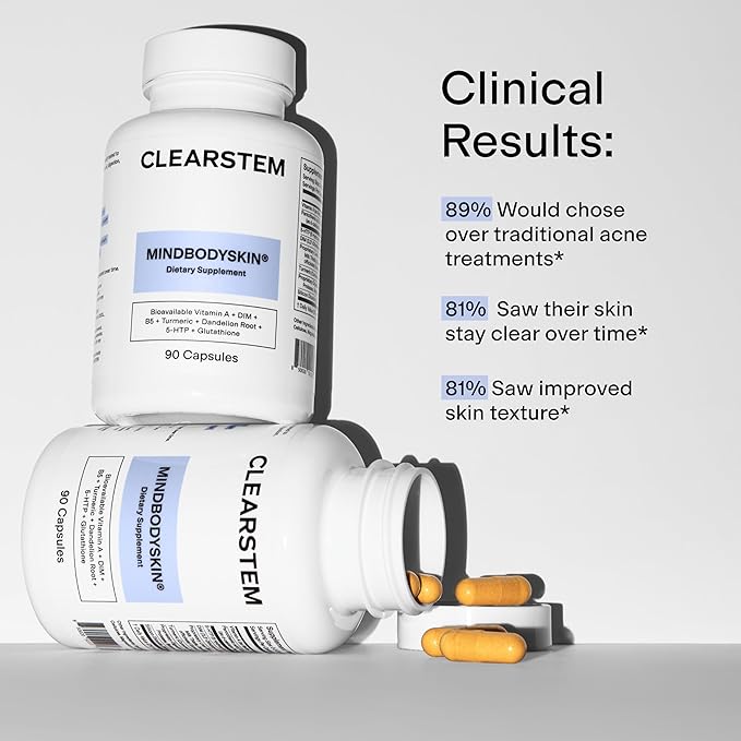 CLEARSTEM - MINDBODYSKIN Hormonal Acne Supplement (5-HTP) - Natural DIM Supplement - Skin Care Vitamins - Hormone Balance Antioxidants - Gluten Free Cruelty Free - 60 Servings 180 Capsules