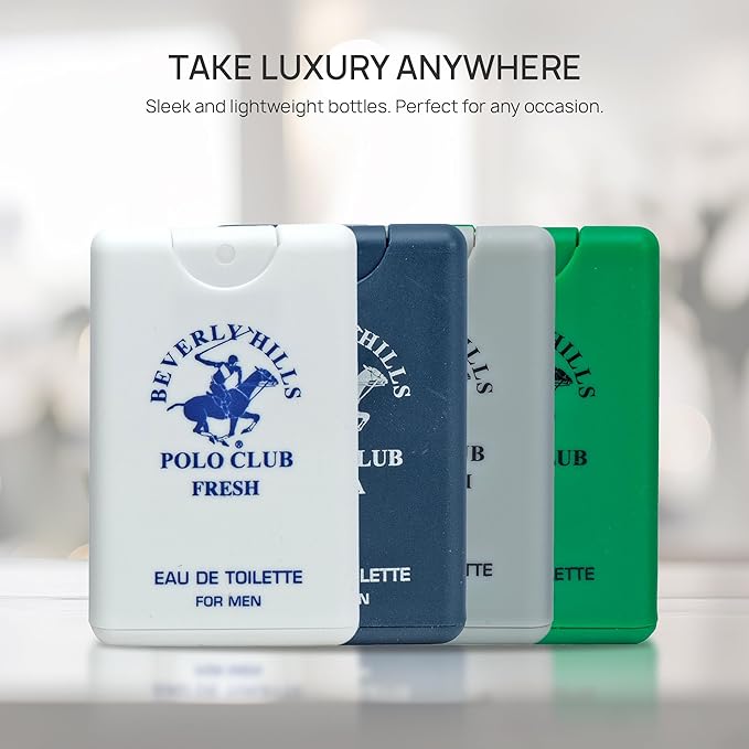 Beverly Hills Polo Club MENS 4PC 20ML POCKET SPRAY - GREEN - CONTAINS FRESH/PLATINUM/BOLD/AQUA
