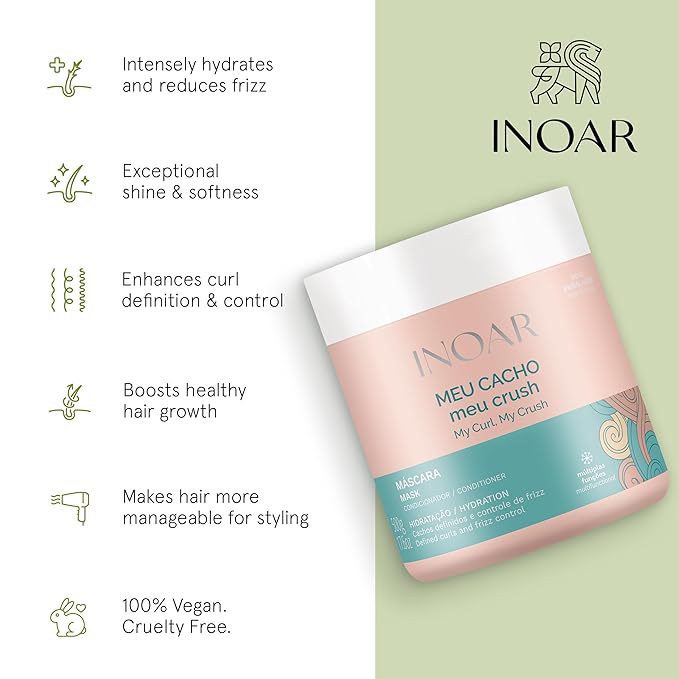 Inoar Meu Cacho Meu Crush Hair Mask with Plant-Based Collagen &amp Vitamin E for Deep Hydration &amp Curl Definition 17.6 oz