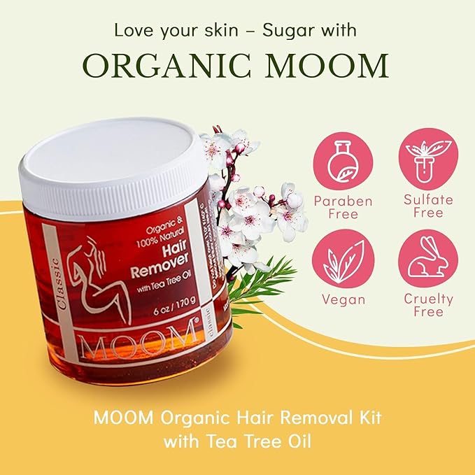 MOOM Organic Sugar Wax with Tea Tree Oil 6 oz Jar Hair Removal for Bikini Brazilian Face &amp Legs - Soft Wax for Sensitive Skin Wax Beads Alternative For Women &amp Men (Strips &amp Sticks NO