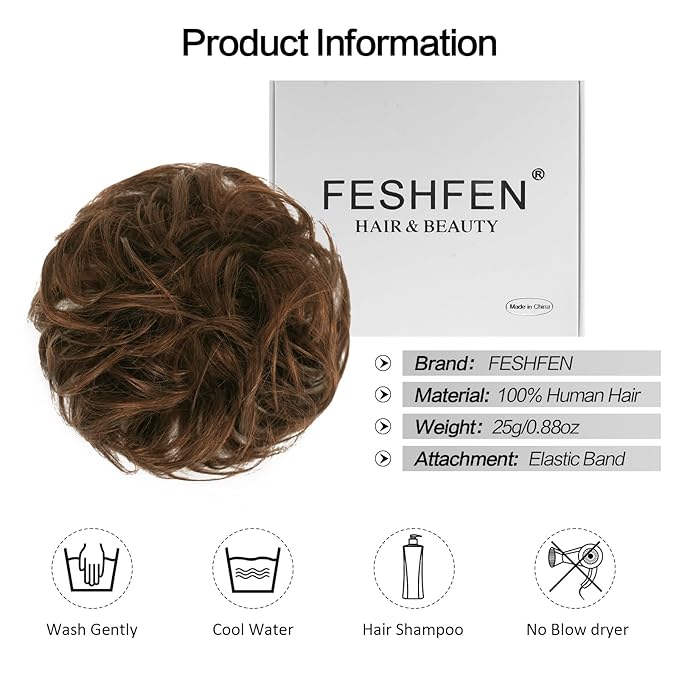 FESHFEN Human Messy Buns - 100% Human Hair Bun Real Scrunchies Hair Pieces Ponytail Extensions Wavy Tousled Updo Chignon Hairpieces for WomenChocolate Light Brown
