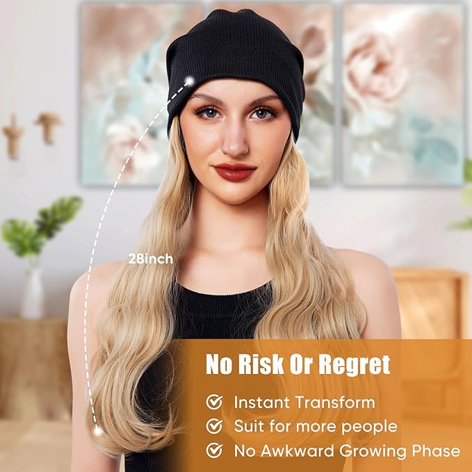 Long Curly Hair Synthetic Hat Wig Knitted Hat with Hair Attached for Women White Blonde Cosplay Beanie Wavy Wig Cap (28in)(Blonde)