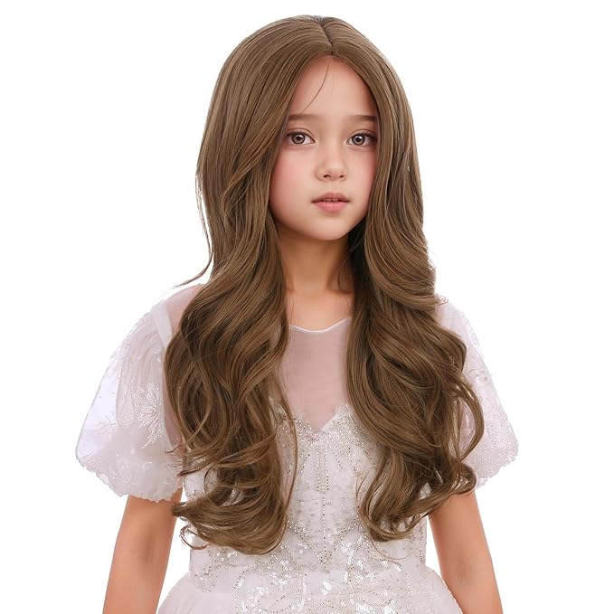 Light Brown Wig for Kids Children Long Light Brown Wavy Curly Wig Girls Long Middle Part Wigs Heat Resistant Synthetic Wigs with Cap