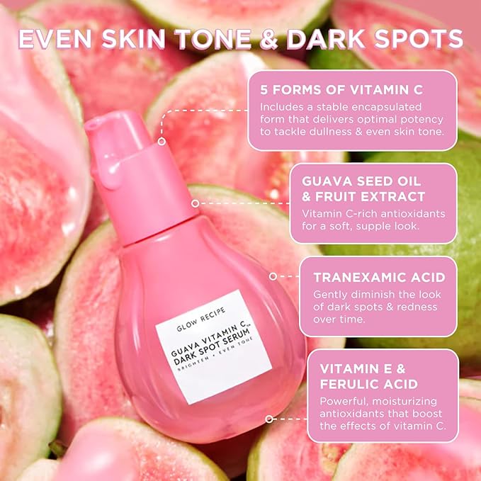 Glow Recipe Guava Brightening Korean Skincare Gift Set - Vitamin C Under Eye Cream Treatment + Hydrating Vitamin C Dark Spot Face Serum with Niacinamide &amp Peptides Travel Size (2 Count)