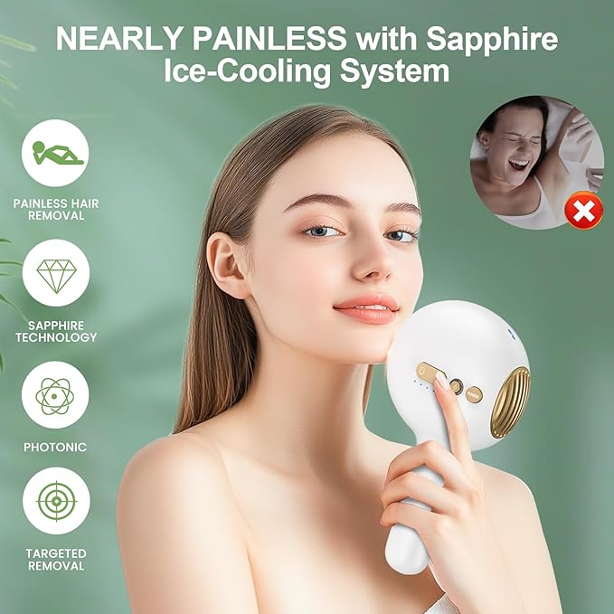 Sapphire Ice Cooling Hair Remove Device Ice-cooling Device Hair Removal for Nearly Painless Auto Flashing for Fast Full Body Hair Removal White