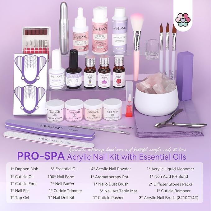 SAVILAND Acrylic Nail Kit with Drill: Professional Acrylic Nail Set with Powder Liquid Brush Cuticle Remover &amp Oil Essentials Tools for Beginners ? DIY Manicure Kit for Home or Salon Use